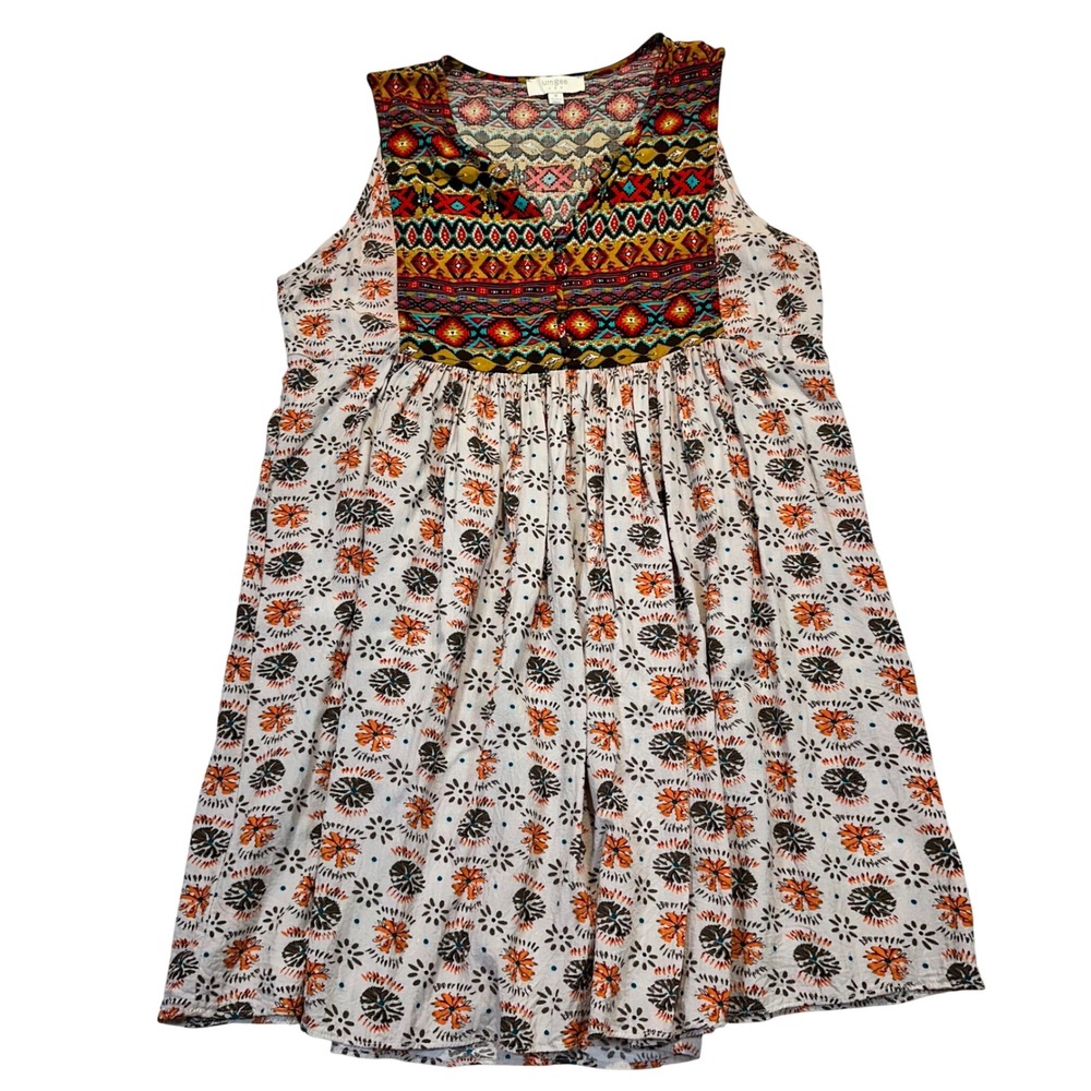 Umgee Tunic Top Womens Medium Multicolor‎ Boho Tribal Floral Babydoll B5430